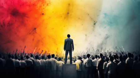 leadership conceptual image, true born leader standing in front of the cheering crowd, vivid color. AIG32. beautiful Generative AI AIG32の素材