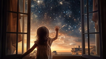 A happy little girl standing at a large window and looking at stars in the sky with dreamy and imaginative. beautiful Generative AI AIG32の素材