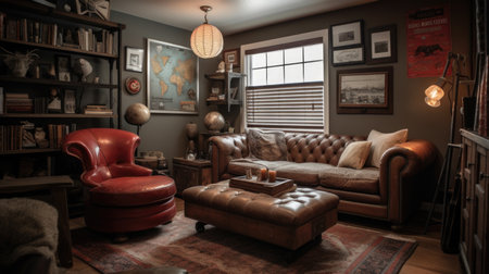 Living room decor, home interior design . Rustic Industrial style with Fireplace decorated with Wood and Metal material . Generative AI AIG26.の素材