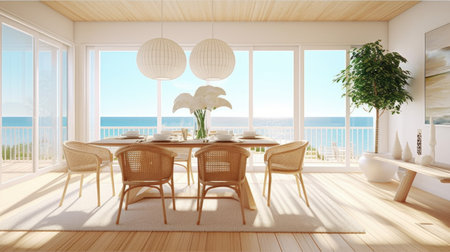 Interior design inspiration of Coastal Modern style home dining room loveliness decorated with Bamboo and Glass material and Ocean view .Generative AI home interior design .の素材