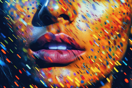 A close-up of a beautiful glitchcore female face is captured in a vibrantly surreal fashion photography style. Generative AI AIG27.の素材