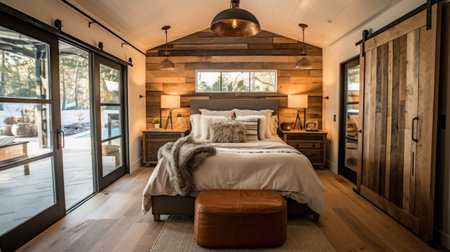 Bedroom decor, home interior design . Modern Farmhouse Industrial style with Barn Doors decorated with Wood and Metal material . Generative AI AIG26.の素材
