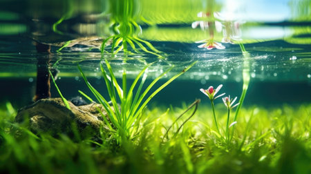 half underwater split, macro photography, stream of fresh water, young green plant, outdoor springtime. beautiful Generative AI AIG32の素材