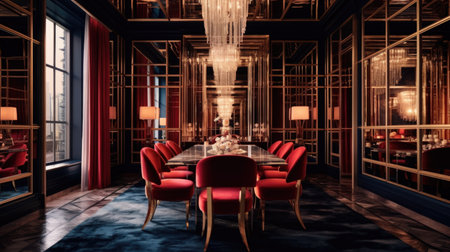 Interior design inspiration of Art Deco Glamorous style home dining room loveliness decorated with Velvet and Gold material and Mirrored Wall .Generative AI home interior design .の素材