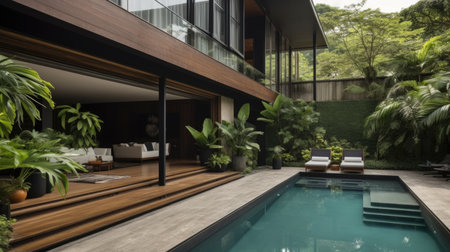 Home architecture design in Ranch Style with Porch constructed by Brick and Wood siding material. Ranch style. Generative AI AIG25 .の素材