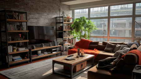 A stylish modern industrial living room interior design with brick wall and a view of another residence. Generative AI AIG27.の素材