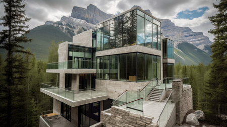 Home architecture design in Contemporary Style with Glass curtain walls constructed by Steel and Glass material. Minimalist Modern design. Generative AI AIG25 .の素材