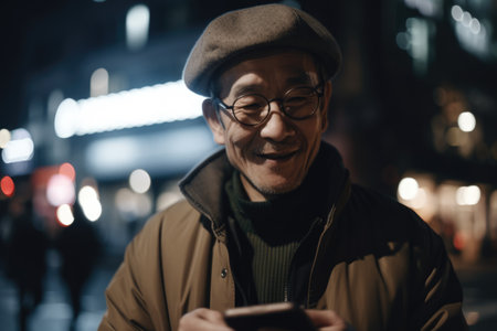 a senior chinese japanese man trendy clothes using mobile phone with background of urban city street at night Generative AI AIG18.の素材