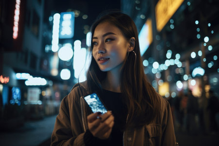 Wide angle shot of a young chinese japanese woman trendy clothes using mobile phone with background of urban city street at night. Generative AI AIG18.の素材