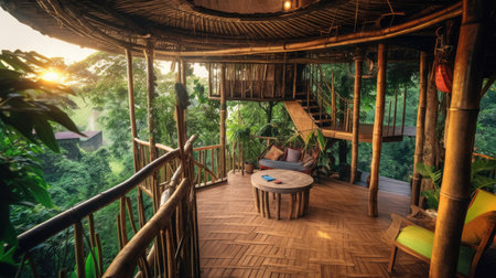 Balcony of tropical treehouse in jungle. Generative AI image AIG30.の素材