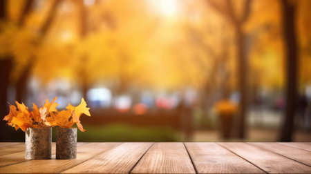 The empty wooden table top with blur background of autumn. Generative AI image AIG30.の素材