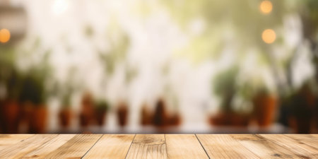 The empty wooden table top with blur background. Exuberant image.