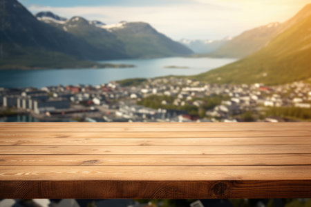 The empty wooden brown table top with blur background of Norway in summer. Exuberant image.の素材