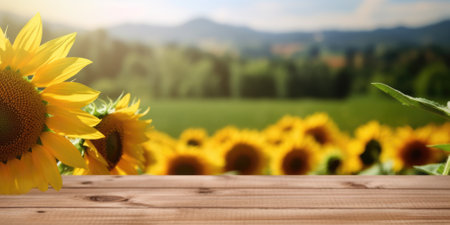 The empty wooden table top with blur background of sunflower field. Generative AI image AIG30.の素材