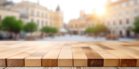 The empty wooden table top with blur background of town square. Exuberant image.の素材