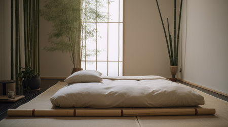 Bedroom decor, home interior design . Japanese Zen style with Tatami Mat decorated with Bamboo and Paper material . Generative AI AIG26.の素材