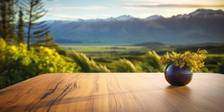 The empty wooden brown table top with blur background of New Zealand nature. Generative AI image AIG30.の素材