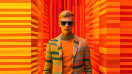 Young male model posing with trendy man fashion outfit and colorful orange optical art abstract background. Picturesque generative AIの素材