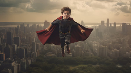 Female superhero kid boy with red cape flying over city with superheros gesture. Picturesque generative AIの素材