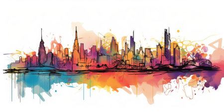one continuous line drawing colorful sketch loose strokes splotchy freehand city skyline. beautiful Generative AI AIG32の素材