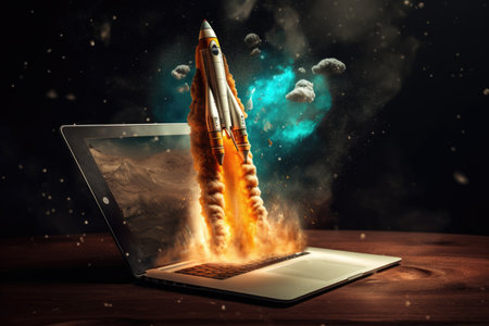 Rocket coming out of tablet screen. beautiful Generative AI AIG32の素材