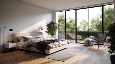 Bedroom decor, home interior design . Modern Scandinavian style with Window View decorated with Concrete and Glass material . Generative AI AIG26.の素材