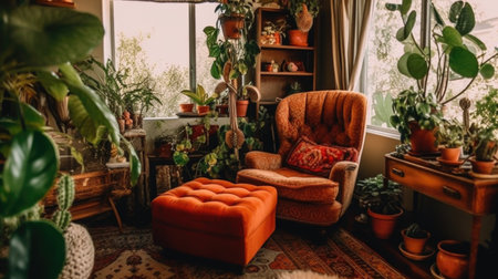 Living room decor, home interior design . Rustic Bohemian style with Fireplace decorated with Wood and Textile material . Generative AI AIG26.の素材
