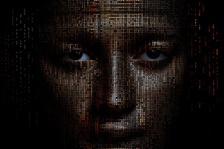 A binary code with human face shape on dark background. Generative AI AIG27.の素材