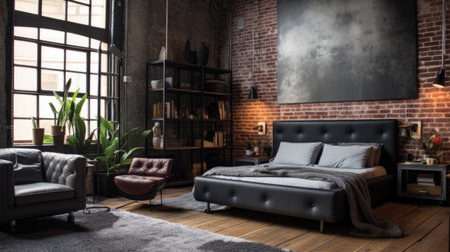 Bedroom decor, home interior design . Industrial Minimalist style with Exposed Brick Wall decorated with Steel and Concrete material . Generative AI AIG26.の素材