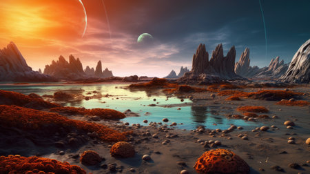 Fantasy mountain landscape on cosmic alien planet with starry sky. Picturesque generative AIの素材