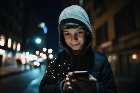 Wide angle shot of a young caucasian 10-year-old little boy trendy clothes using mobile phone with background of urban city street at night. Generative AI AIG18.の素材