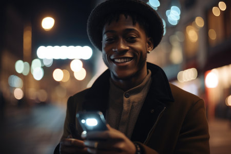 Low angle shot of a young african-american man trendy clothes using mobile phone with background of urban city street at night. Generative AI AIG18.の素材