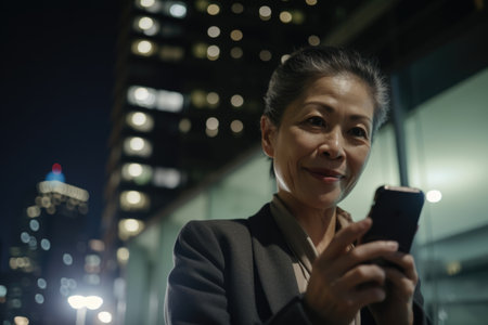 a senior chinese japanese businesswoman executive using mobile phone with background of modern office buildings at night Generative AI AIG18.の素材