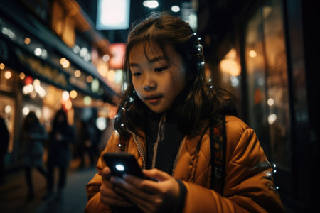 Low angle shot of a young chinese japanese 10-year-old little girl trendy clothes using mobile phone with background of urban city street at night. Generative AI AIG18.の素材