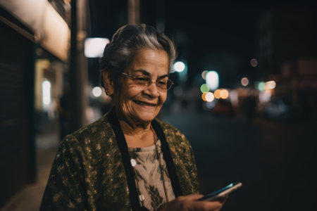 Wide angle shot of a senior mexican hispanic woman trendy clothes using mobile phone with background of urban city street at night. Generative AI AIG18.の素材