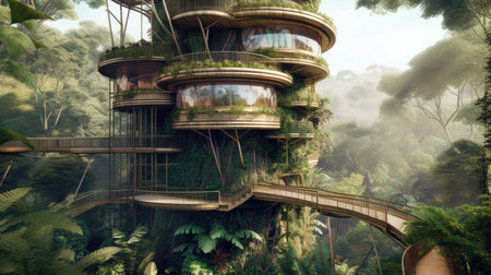 The complex tree house with multiple floors in tropical jungle. Generative AI image AIG30.の素材