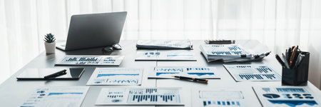 BI data dashboard from Fintech on laptop screen displays comprehensive business analysis in empty...