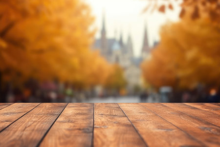The empty wooden table top with blur background of European street in autumn. Exuberant image.の素材
