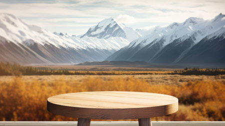 The empty wooden brown table top with blur background of Mount Cook landscape. Generative AI image AIG30.の素材