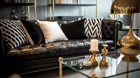 Living room decor, home interior design . Art Deco Industrial style with Floor lamp decorated with Marble and Metal material . Generative AI AIG26.の素材