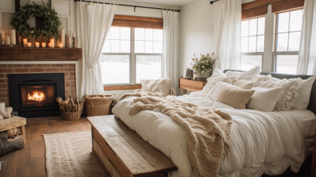 Bedroom decor, home interior design . Rustic Farmhouse style with Fireplace with Mantel decorated with Wood and Cotton material . Generative AI AIG26.の素材