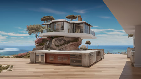 The open space modern kitchen in minimal loft beach house in wooden floor with ocean view. Generative AI AIG27.の素材