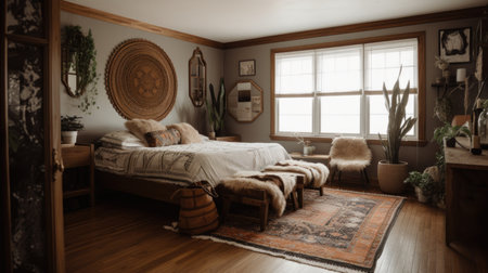 Bedroom decor, home interior design . Mid-Century Modern Bohemian style with Gallery Wall decorated with Wood and Textile material . Generative AI AIG26.の素材