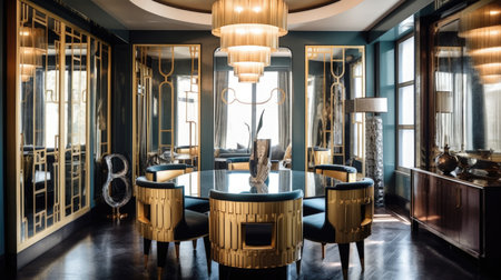 Interior design inspiration of Art Deco Hollywood Glam style home dining room loveliness decorated with Marble and Velvet material and Chandelier .Generative AI home interior design .の素材
