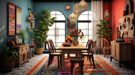 Interior design inspiration of Bohemian Eclectic style home dining room loveliness decorated with Moroccan tile and Mismatched chairs material and Gallery wall .Generative AI home interior design .の素材