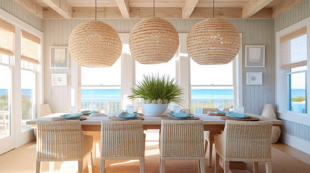 Interior design inspiration of Coastal Beachy style home dining room loveliness decorated with Wood and Rattan material and Statement Lighting .Generative AI home interior design .の素材