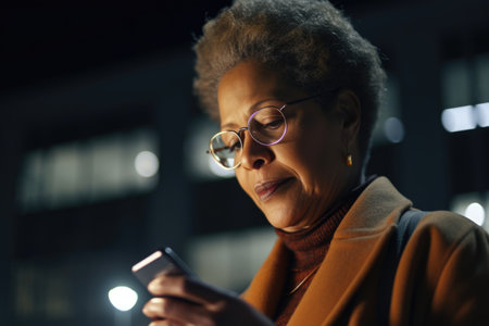 a senior african-american businesswoman executive using mobile phone with background of modern office buildings at night Generative AI AIG18.の素材