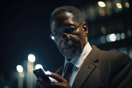 a senior african-american businessman executive using mobile phone with background of modern office buildings at night, and smiling happy Generative AI AIG18.の素材