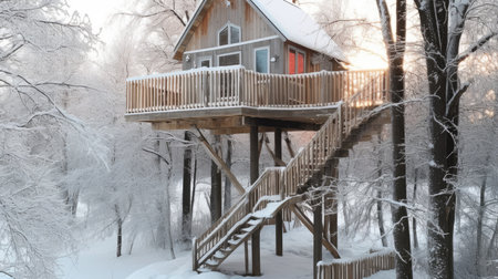 The treehouse exterior in winter forest in Finland. Generative AI image AIG30.の素材