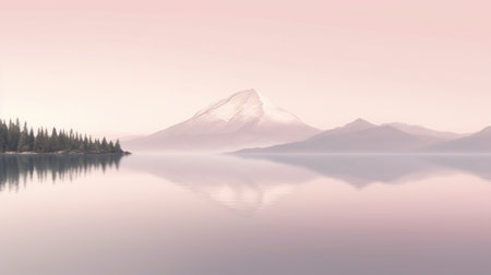 Beautiful mountain lake and natural environment in the morning background. Tranquil pink pastel sunset light in panoramic mountainous and nature lake shore scenery. Picturesque generative AIの素材